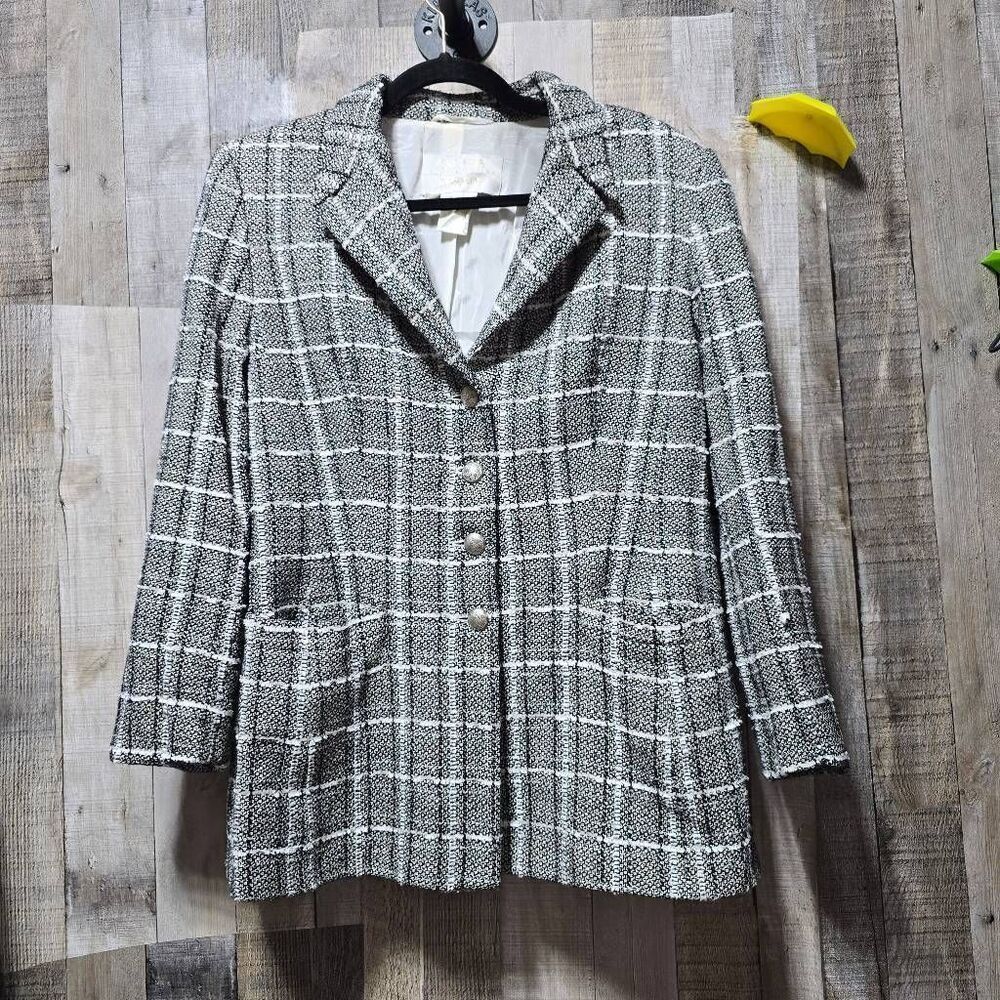 Escada Exclusively For Neiman Marcus Neutral Plaid Tweed Blazer Designer Office